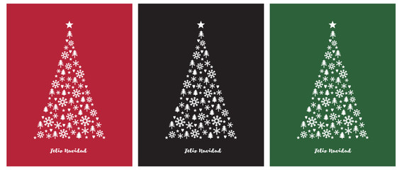 Merry Christmas-Feliz Navidad, Spanish Christmas Vector Card.White Christmas Tree on a Red, Black and Green Background. Christmas Illustration in 3 Different Colors.Tree Made of Star, Heart, Snowflake