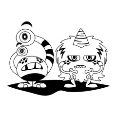 funny monsters couple comic characters monochrome