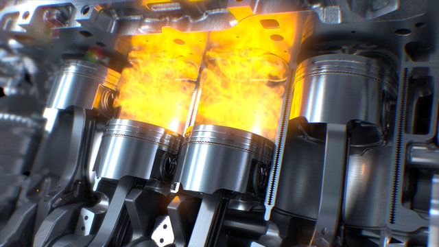 car engine inside, engine pistons, valves and crankshaft, piston ignition time. engine with explosio