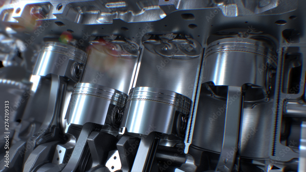 Car Engine inside, Engine pistons, valves and crankshaft, Piston ...