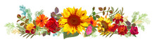 Horizontal Autumn’s Border: Orange, Yellow Sunflowers, Red Roses, Marigold (tagetes), Gerbera Daisy Flowers, Green Twigs On White Background. Illustration In Watercolor Style, Panoramic View, Vector