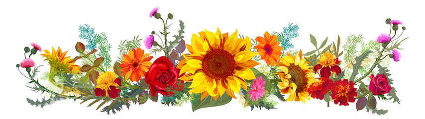 Horizontal autumn’s border: orange sunflowers, red roses, thistle, marigold (tagetes), gerbera daisy flowers, green twigs on white background. Illustration in watercolor style, panoramic view, vector