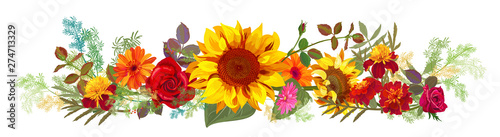 Horizontal autumn’s border: orange, yellow sunflowers, red roses, marigold (t...