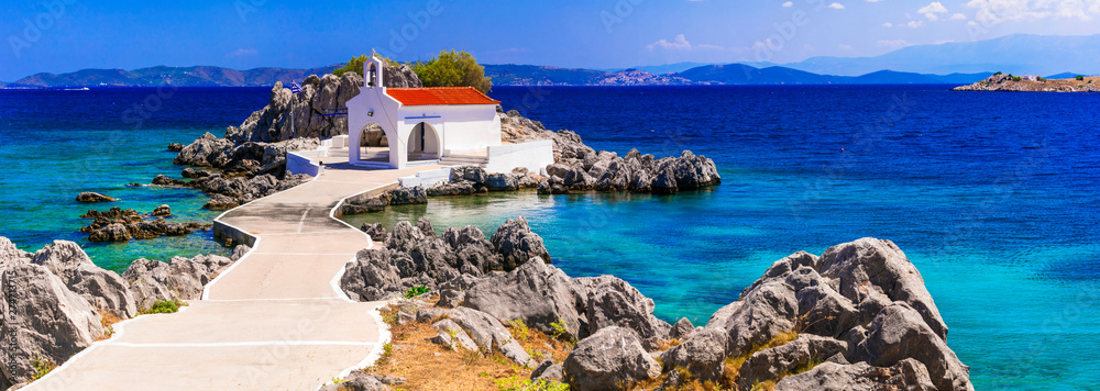 Authentic traditional Greek islands- unspoiled Chios, little church Agios Isidoros - obrazy, fototapety, plakaty 