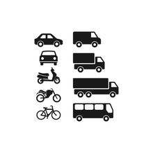 Motor Vehicles, Automobile, Bus, Truck Flat Vector Pictogram Icon Set. Motorcycle, Van, Scooter Black Glyph Set Of Icons.