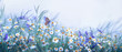 Leinwandbild Motiv Beautiful wild flowers chamomile, purple wild peas, butterfly in morning haze in nature close-up macro. Landscape wide format, copy space, cool blue tones. Delightful pastoral airy artistic image.