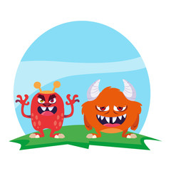 Wall Mural - funny monsters couple in the field characters colorful