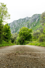 Road pass view to walkway and mountains. Small path in the mountain of Kotor in Montenegro. Old pavement dirty with dust from the forest