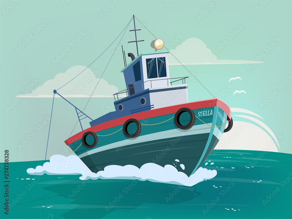 funny cartoon illustration of a fishing boat - obrazy, fototapety, plakaty 