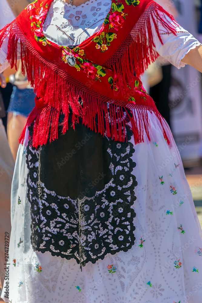 Detail of traditional German folk costume worn by women of ethnic German