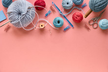 Various Wool Yarn And Knitting Needles, Creative Knitting Hobby Background