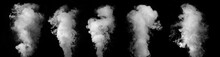 Wide Design Of Set Of Smoke Or Steam Clouds Over Black Background