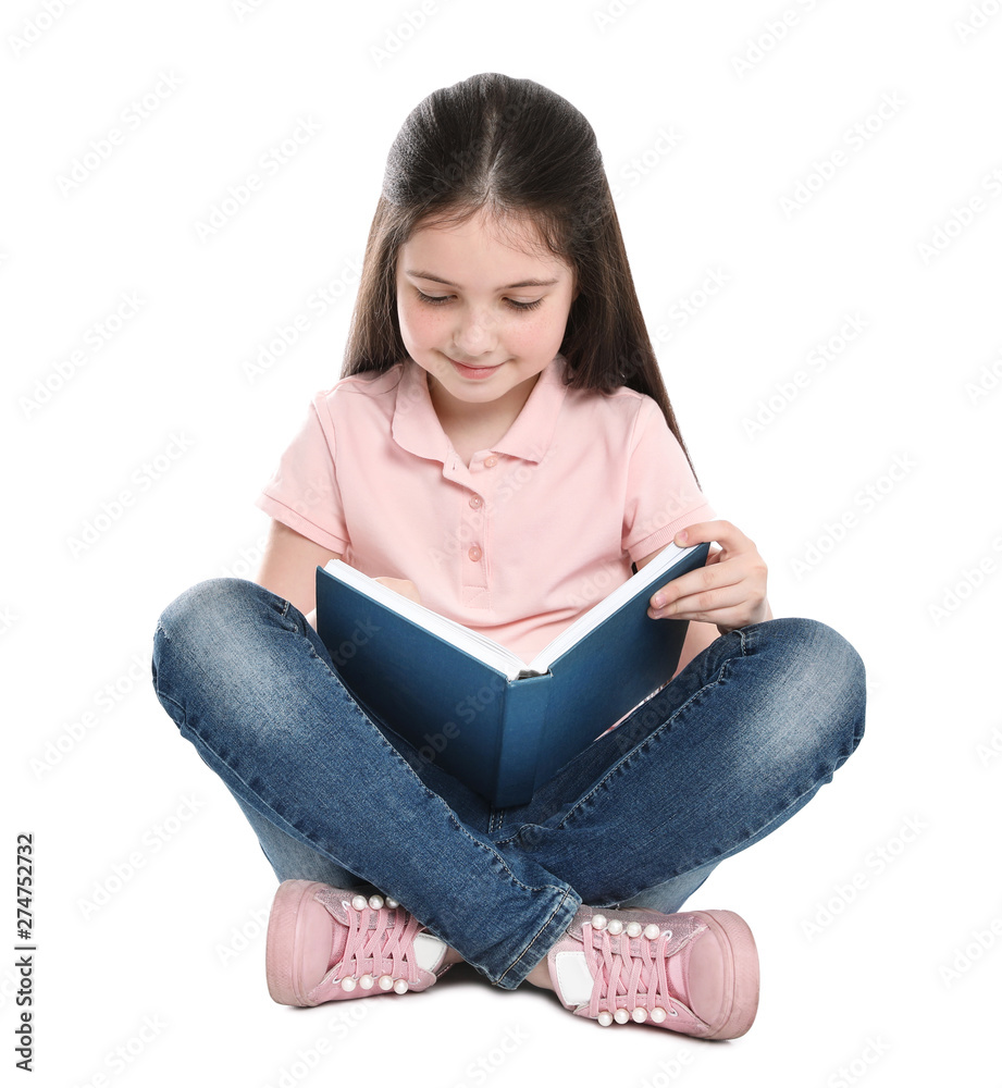 Cute little girl reading book on white background Stock Photo | Adobe Stock