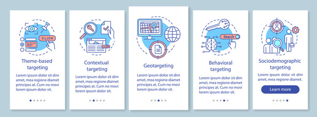Targeting types onboarding mobile app page screen with linear concepts. Human based targeted advertising walkthrough steps graphic instructions. UX, UI, GUI vector template with illustrations