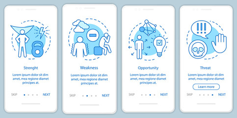 SWOT analysis blue onboarding mobile app page screen vector template. Strength, weakness, opportunity, threat walkthrough website steps with illustrations. UX, UI, GUI smartphone interface concept