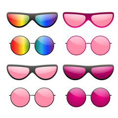 Sticker - Sunglasses round icon. Pink rainbow sun glasses isolated white background. Fashion pink vintage graphic style. Modern optical beach accessory Eye summer protection. Eyesight symbol Vector illustration