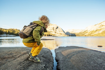 Hiker toddler boy visit Yosemite national park in California