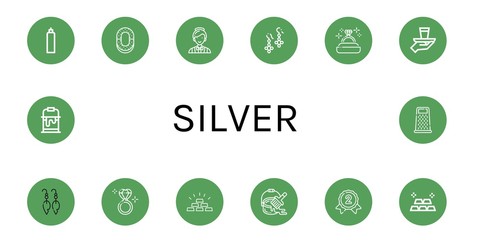 Canvas Print - Set of silver icons such as Oxygen tank, Ring, Catering, Earrings, Diamond ring, Serve, Gold, Paint bucket, Silver medal, Grater , silver