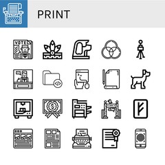 Sticker - set of print icons such as typewriter, newspaper, native american, dog, rgb, tripod, news, coding, p