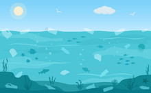 Ocean Pollution, Plastic Bottles And Trash  In Water. Ecology Problems Concept. Panoramic Seascape. Flat Style, Vector Illustration. 