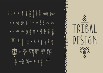 Poster - Vector set of line art symbols for logo design and lettering in boho style