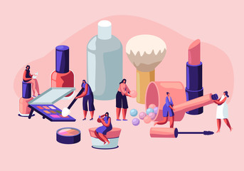 women in beautician parlor. female characters testing skin care products in beauty salon. makeup cou