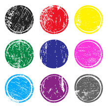 Set Of Multicolored Post Stamps With Grunge Texture. Blank Circle Stamp Template For Logo, Badge, Insignia Or Label