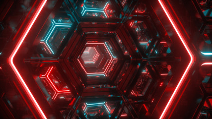 Poster - flying through endless luminous tunnel. construction with neon glowing hexagons. hyper loop. abstrac