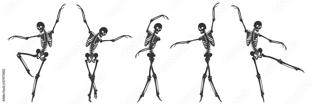Ballet. Five dancing black silhouettes of skeletons isolated on a white background. Vector illustration - obrazy, fototapety, plakaty 