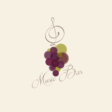 Music Bar Logo. Bunch Of Grapes And Treble Clef Like Leaf Of Grape. Calligraphy Curls And Handmade Inscription.
