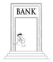 Poster - Vector cartoon stick figure drawing conceptual illustration of robber or man in mask running away from bank building with stolen bag of dollars or cash money.