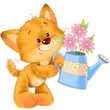 The cute red striped kitten with watering can, flower, greeting card illustration
