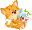 The cute red striped kitten with flower pot, flowers, heart tag, greeting card illustration