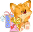 The cute kitten sitting with two gifts greeting card illustration