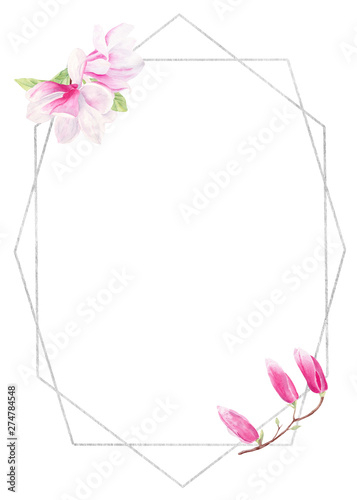 Blossoming flowersand buds watercolor hand drawn raster frame template