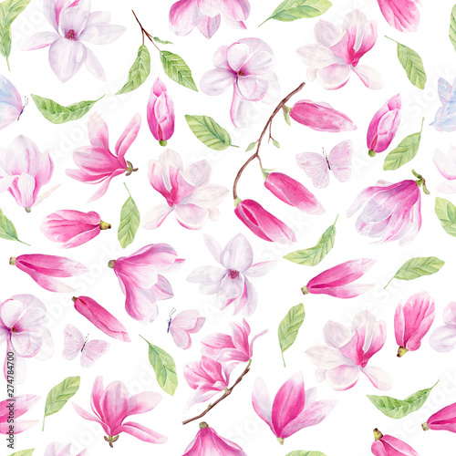 Flowers, leaves and butterflies hand drawn watercolor seamless pattern
