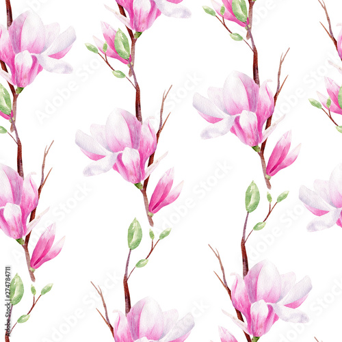 Magnolia blossom on branch hand drawn watercolor seamless pattern