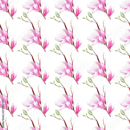 Magnolia bloom on branch hand drawn watercolor seamless pattern