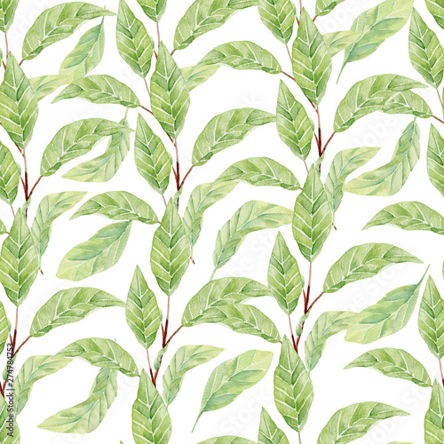Leaves on branches hand drawn watercolor seamless pattern