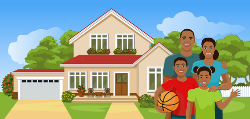 Happy African American family near their new house. Smiling mom, dad, son and daughter are standing, behind them is a cottage with a yard and a lawn. Man, woman, girl, boy. Vector illustration