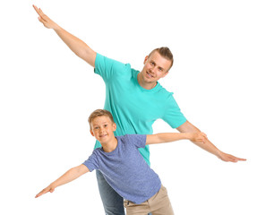 Poster - Portrait of happy father and son on white background