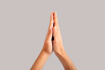 Multiple female caucasian hand gestures isolated over the white background, set of multiple images