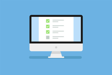 Poster - Personal Computer screen with checklist in trendy flat style isolated on blue background with shadow.