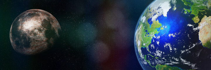 Wall Mural - planet earth with the moon (3d science rendering banner, elements of this image are furnished by nas