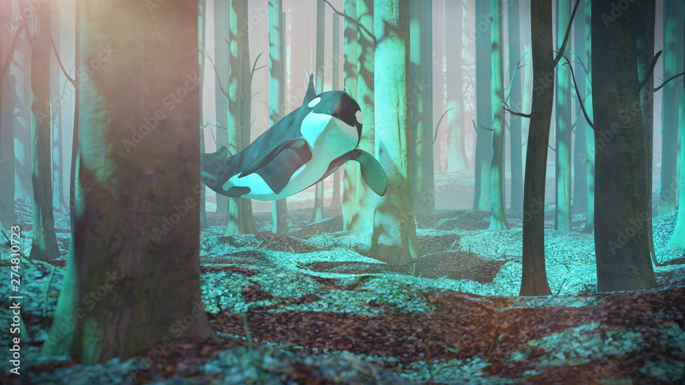 killer whale swimming in forest, orca flying in foggy landscape, surreal 3d render - obrazy, fototapety, plakaty 