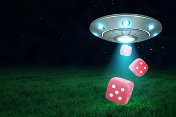 Poster - 3d rendering of UFO under night sky dropping three red dice from its open hatch down onto green field.