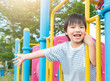 Asian little boy having fun on a swing in beautiful summer garden on warm and sunny day outdoors. Asian boy playing at playground