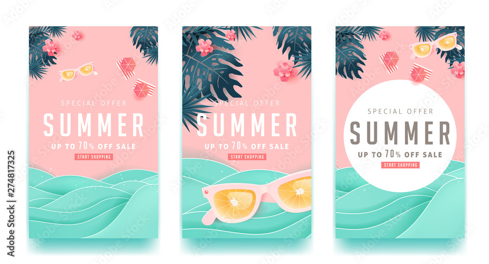 Summer sale design with paper cut tropical beach bright Color background layout banners .Orange sunglasses concept.voucher discount.Vector illustration template. - obrazy, fototapety, plakaty 