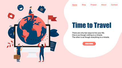 Webpage Template. Concept of Time to Travel. Planet Earth for travel flat design concept with two airplanes	