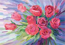 Stained Glass Flowers Beautiful Red Roses On Lilac Background. Full-color Vector Graphics